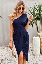 Load image into Gallery viewer, Ruched One-Shoulder Tulip Hem Dress
