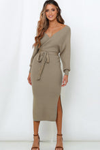 Load image into Gallery viewer, Surplice Neck Bow Waist Slit Sweater Dress

