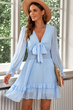 Load image into Gallery viewer, Swiss Dot Tie Front Frill Trim Plunge Dress
